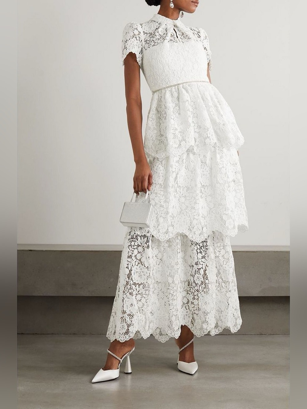 Self-Portrait White Lace Tiered Maxi Dress